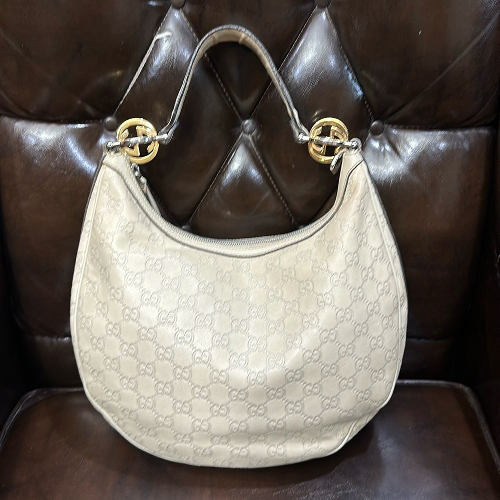 Guccissima Beige Monogram Crescent  Shoulder Bag with Gold Rings